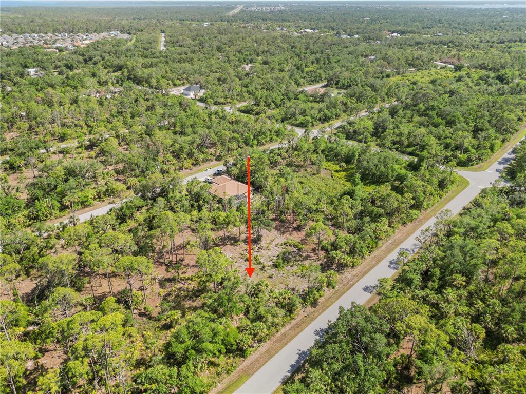 An aerial view shows a house surrounded by dense trees and a paved road — 1419 LACE TERRACE, PORT CHARLOTTE, FL