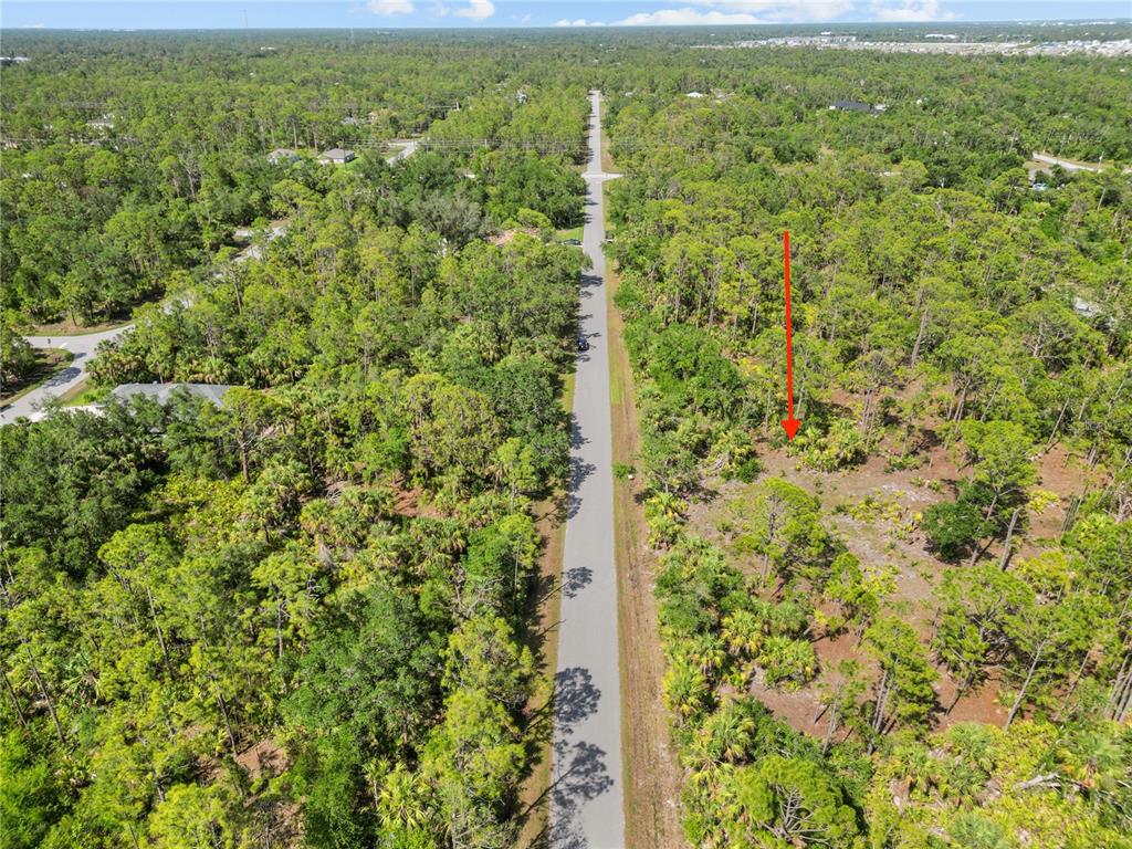 An aerial view shows a paved road running through a wooded area with a red arrow — 1419 LACE TERRACE, PORT CHARLOTTE, FL