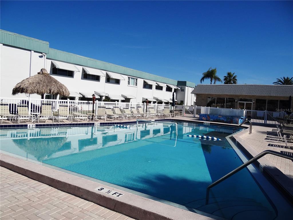 A swimming pool with lounge chairs and a tiki umbrella sits beside a multi-story building — 5357 81ST STREET N UNIT 14, ST PETERSBURG, FL