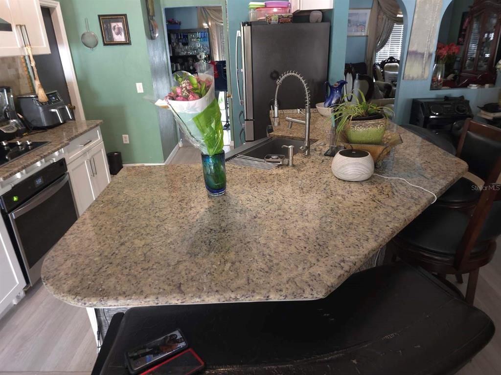 A kitchen island with granite countertops, a sink, and a vase of flowers — 16 PERCH DRIVE, KISSIMMEE, FL