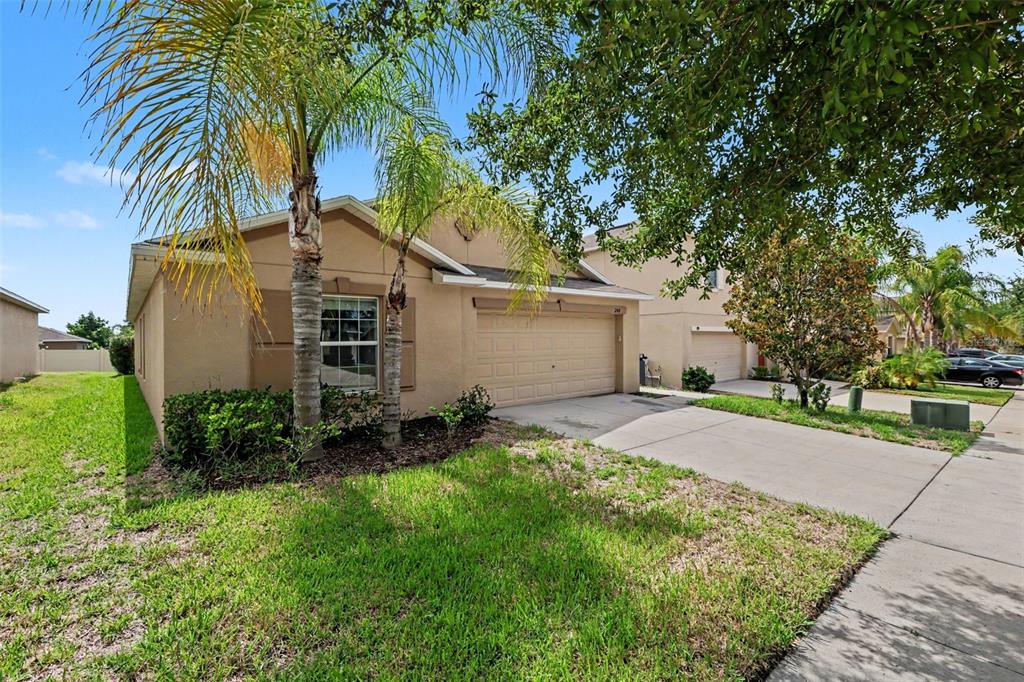 A tan single-story house with a two-car garage, palm trees, and a concrete driveway — 204 ENGLISH CHANNEL PLACE, DOVER, FL