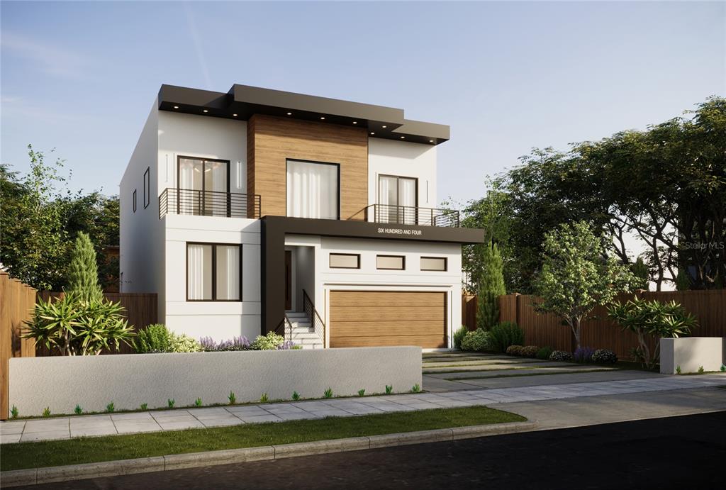 A rendering of a modern two-story house with a wood-accented facade and a two-car garage — 314 W NORTH STREET, TAMPA, FL