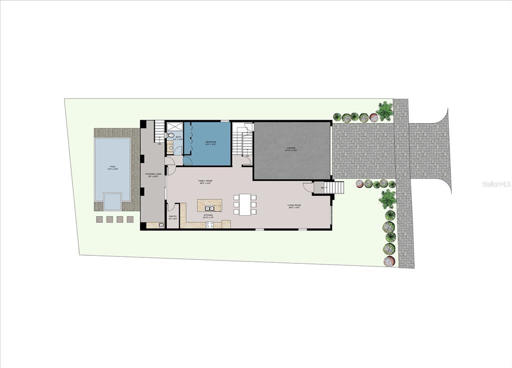 This floor plan shows a single-story home with a pool, garage, and open-concept living area — 314 W NORTH STREET, TAMPA, FL