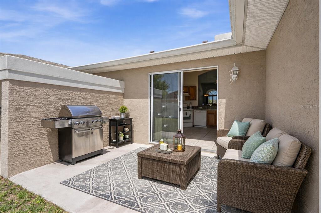 A patio features a grill, wicker furniture, and a rug outside a sliding glass door — 30 LOUVET LANE, PALM COAST, FL