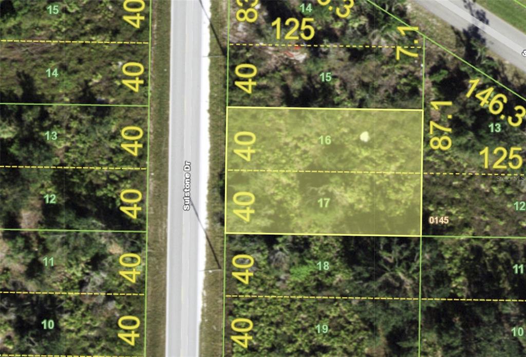 This is a map showing a rectangular plot of land highlighted in yellow — 1434 SULSTONE DRIVE, PUNTA GORDA, FL