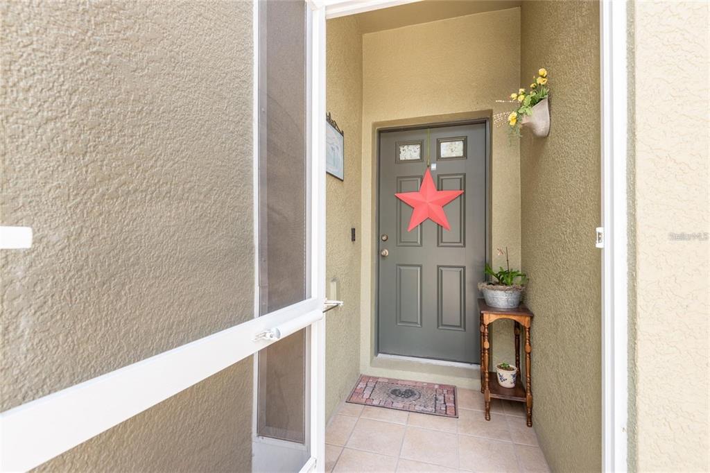 A front entryway features a gray door with a red star decoration and tiled flooring — 8931 TURNSTONE HAVEN PLACE, TAMPA, FL