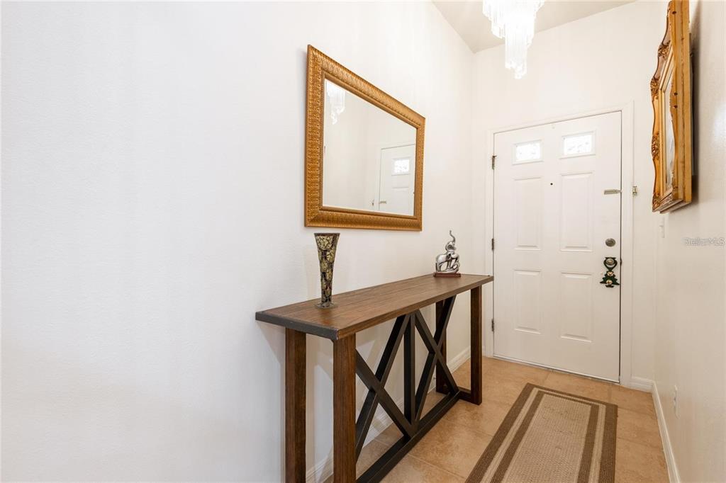 A foyer features a wooden console table, a large gold-framed mirror, and a white door — 8931 TURNSTONE HAVEN PLACE, TAMPA, FL
