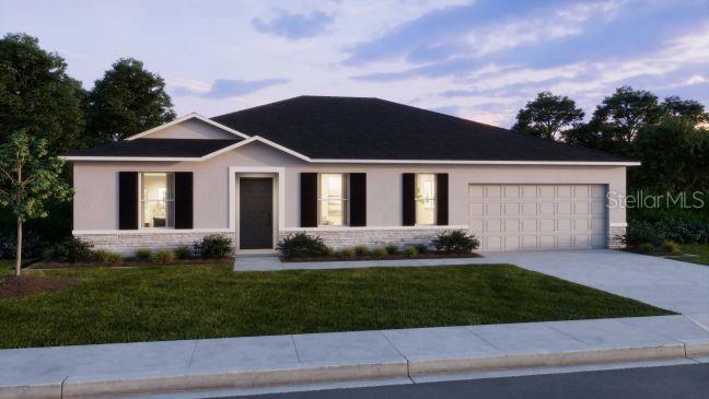 A digital rendering of a single-story suburban house with a gray exterior and two-car garage — 5268 HANFORD AVENUE, SPRING HILL, FL