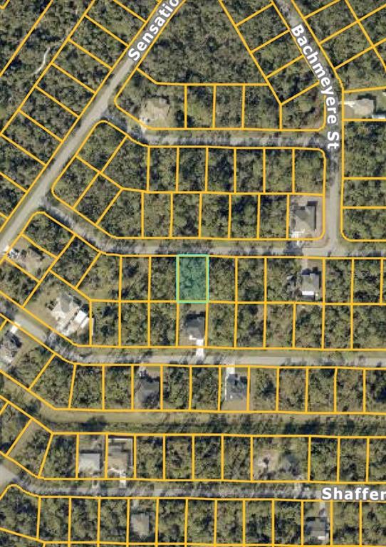 This is an aerial map view showing a highlighted vacant lot in a residential neighborhood — NEON AVENUE, NORTH PORT, FL