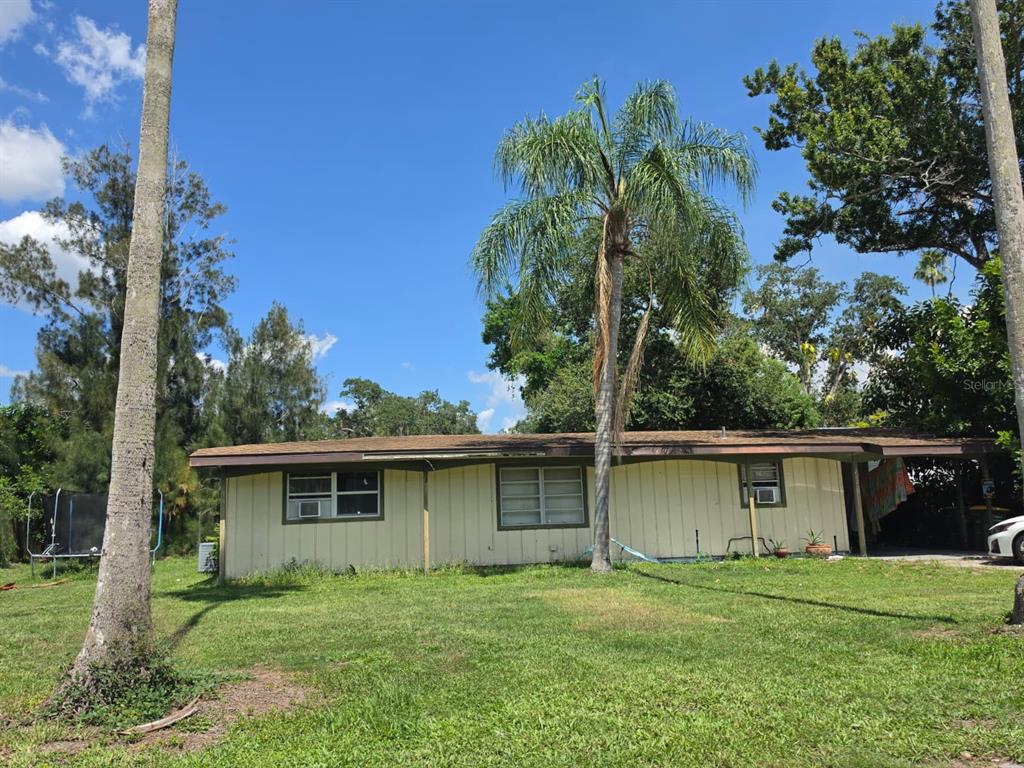 A single-story house with light yellow siding, a brown roof, and a palm tree out front — 1125 PATTISON AVENUE, SARASOTA, FL