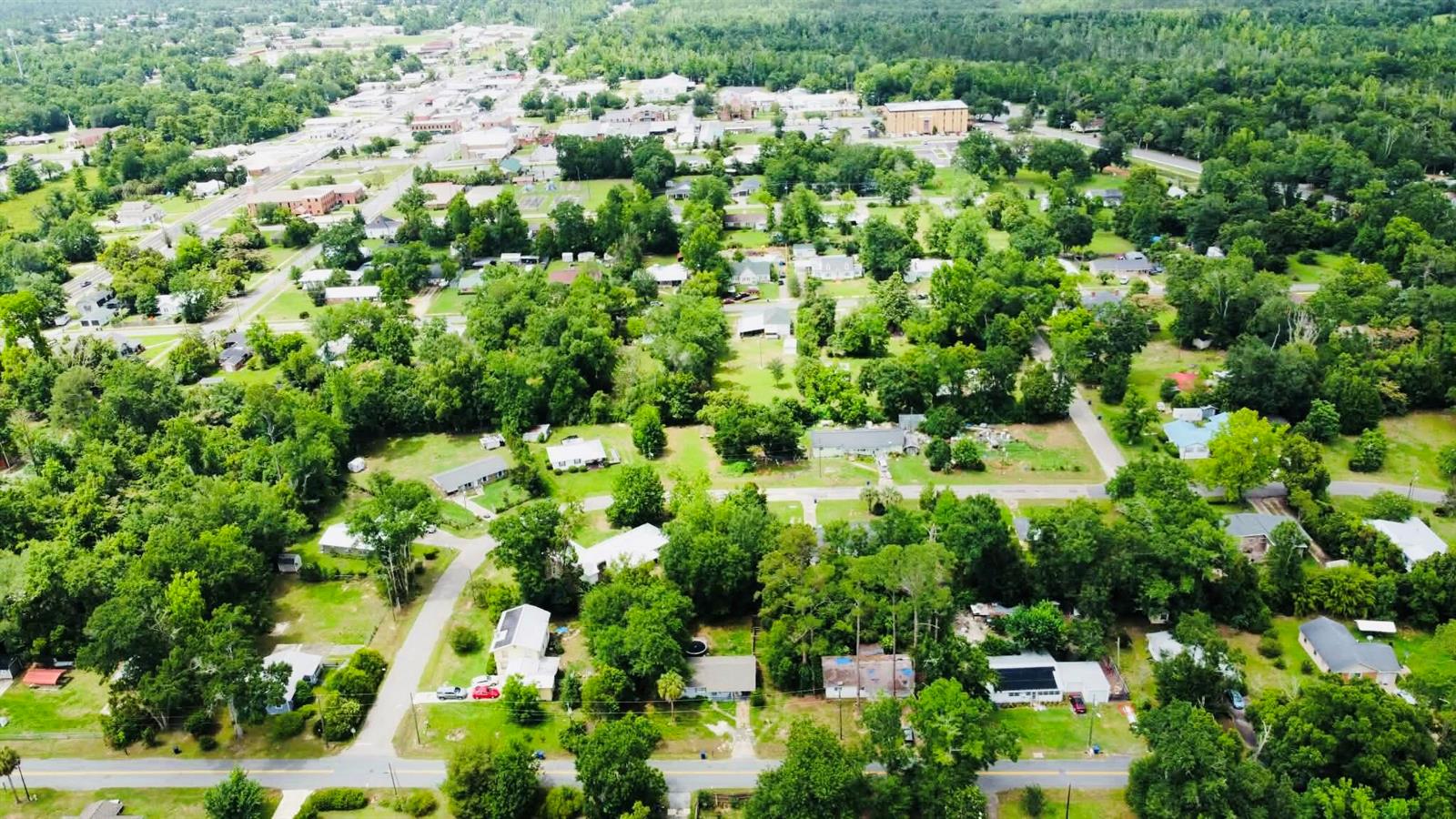 An aerial view shows a residential neighborhood with houses surrounded by many trees — 20816 SE Ray Avenue, FL 32424, FL