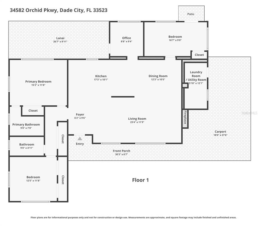 This is a floor plan for a single-story house with three bedrooms and a carport — 34582 ORCHID PARKWAY, DADE CITY, FL