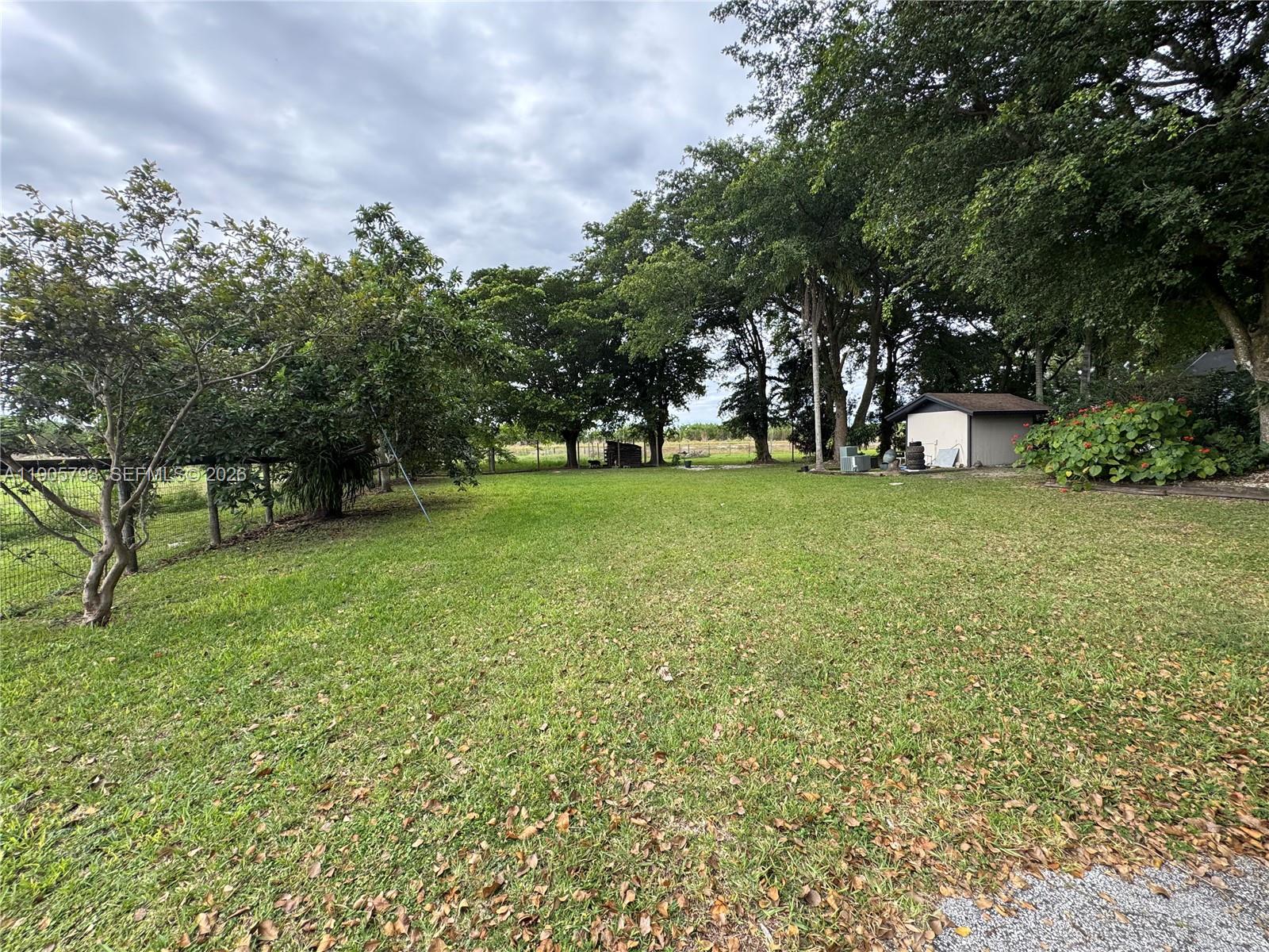 A grassy backyard features mature trees, a small storage shed, and a wire fence — 18750 SW 207th Ave, Miami FL 33187, MIAMI, FL