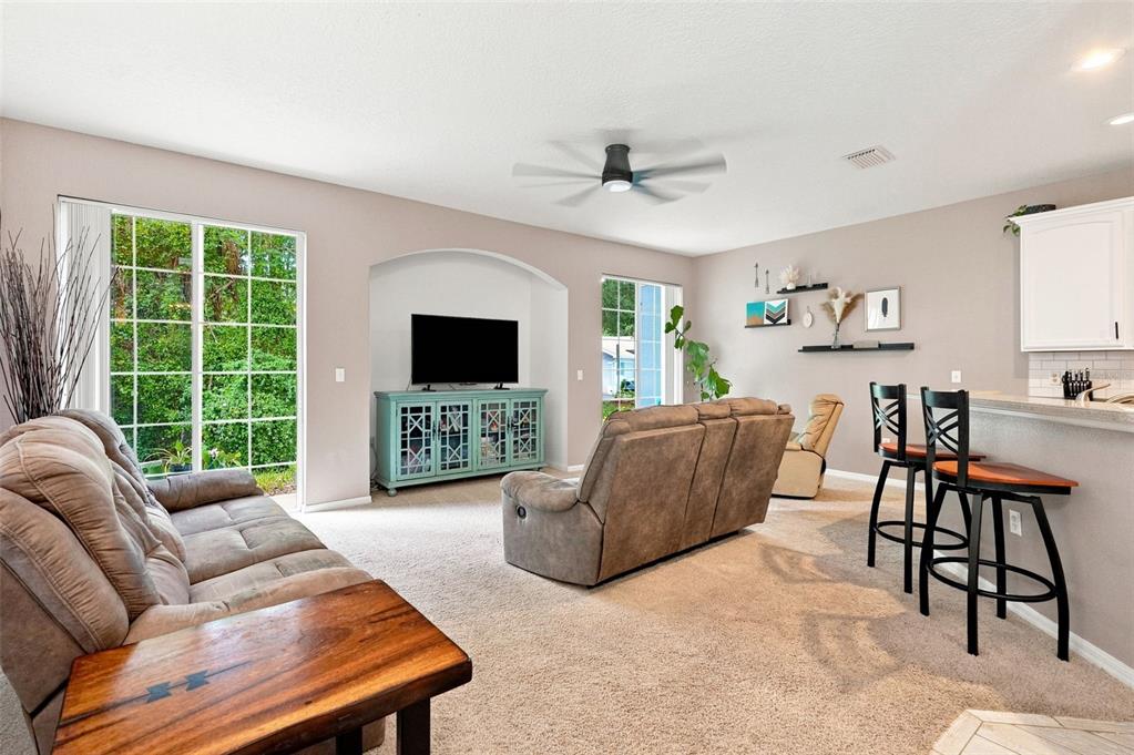 A living room features beige carpet, a television in an arched alcove, and bar seating — 8421 SHALLOW CREEK COURT, NEW PORT RICHEY, FL