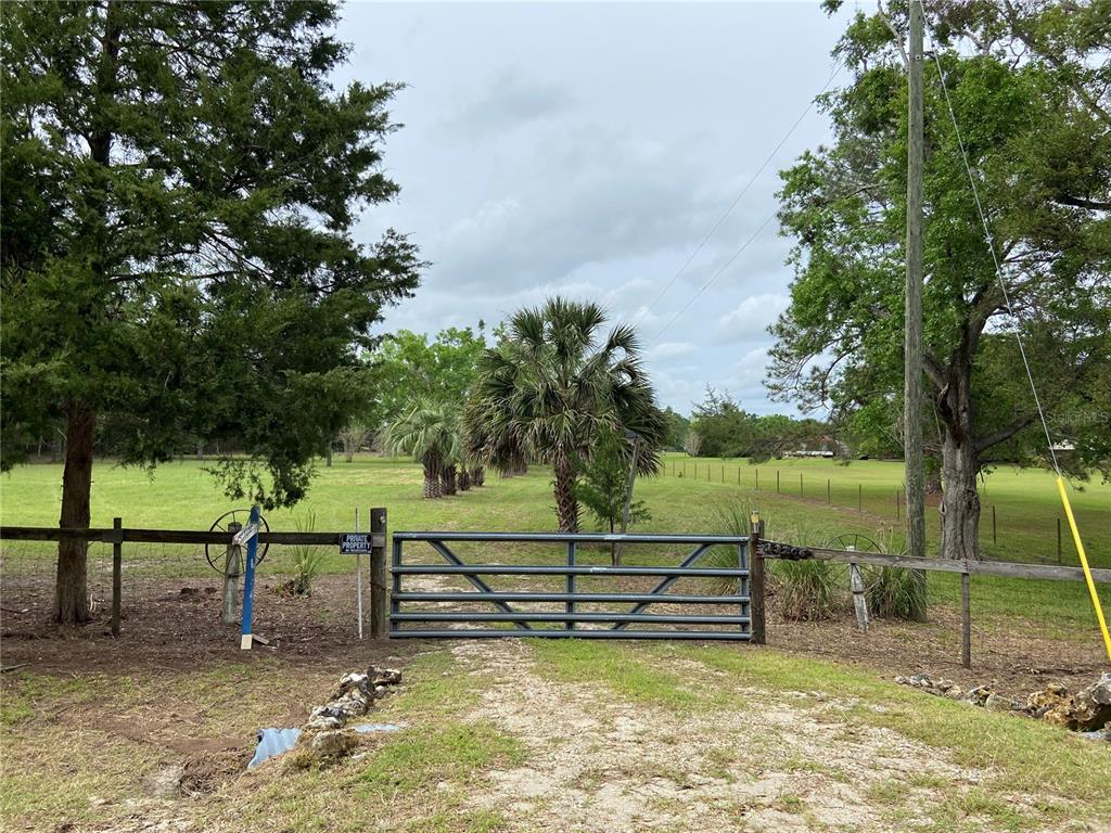 A metal gate secures the entrance to a grassy field with trees and a fence — 23206 NW 102 ND AVENUE, ALACHUA, FL
