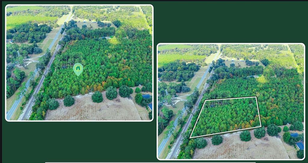 Aerial view of a wooded lot adjacent to a road and railroad tracks — TBD LOT 36 SE US 41 HWY, WHITE SPRINGS, FL