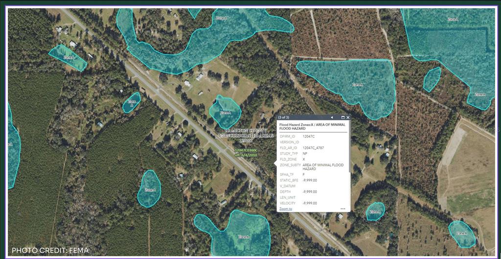 This map shows a FEMA flood hazard overlay with designated Zone A areas on satellite imagery — TBD LOT 36 SE US 41 HWY, WHITE SPRINGS, FL