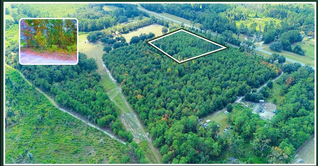 An aerial view shows a wooded lot outlined in white with a small inset photo — TBD LOT 36 SE US 41 HWY, WHITE SPRINGS, FL