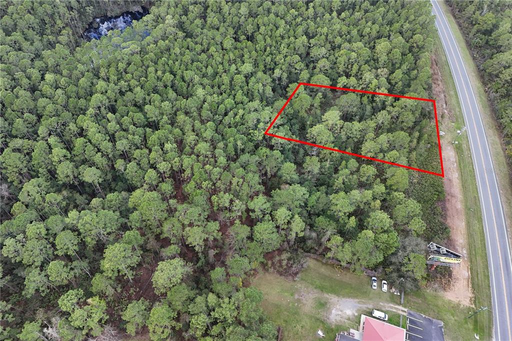 An aerial view shows a rectangular plot of land outlined in red near a highway — 12260 E HWY 40, SILVER SPRINGS, FL