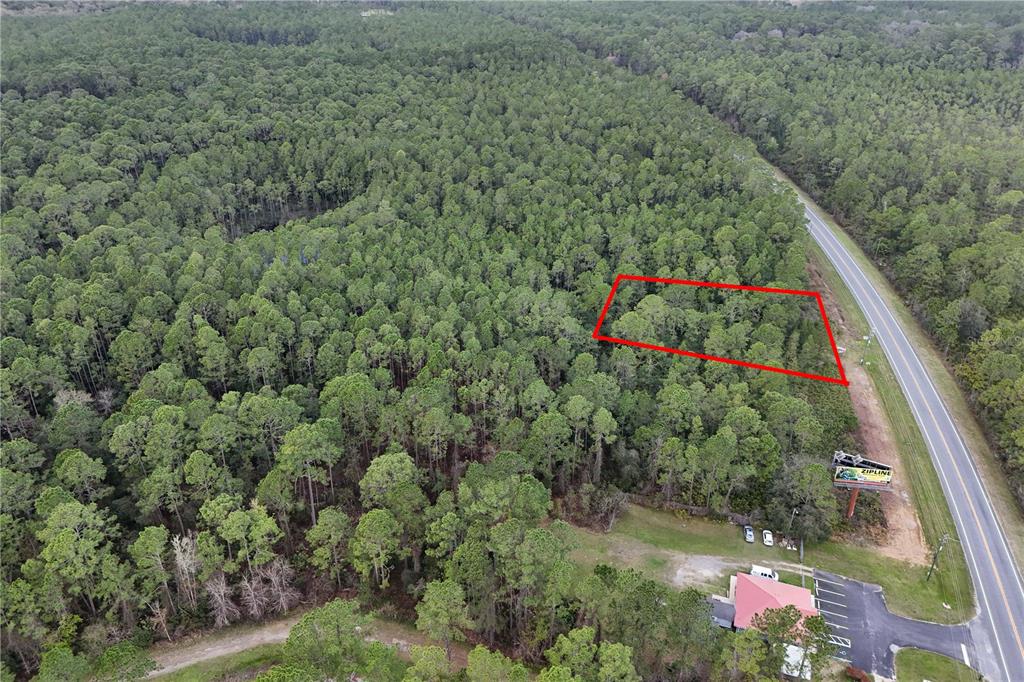 An aerial view shows a rectangular plot of land outlined in red next to a road — 12260 E HWY 40, SILVER SPRINGS, FL