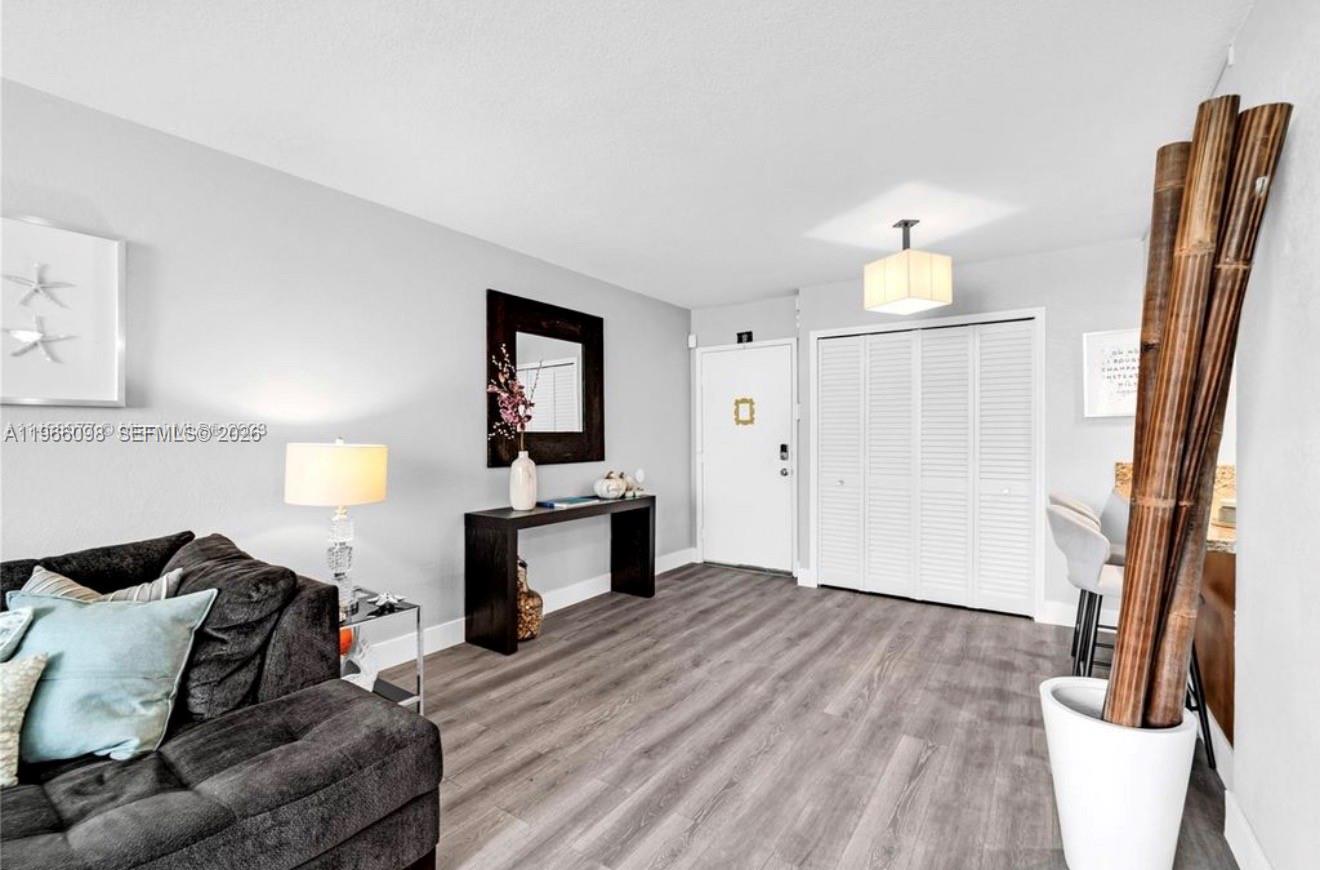 A living room features gray wood-look flooring, a dark console table, and a white door — 830 NW 87th Ave # 303, Miami FL 33172, MIAMI, FL
