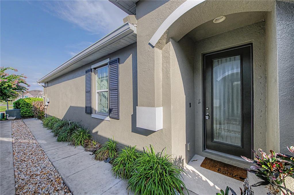 A concrete walkway leads to a front door with a glass panel and dark shutters — 10331 HERON HIDEAWAY LOOP, LAND O LAKES, FL