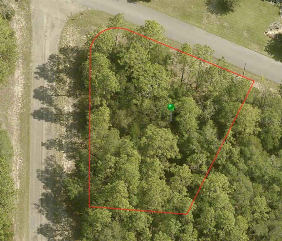 An aerial view shows a wooded, trapezoidal-shaped vacant lot outlined in red — 498 W WASON STREET, CITRUS SPRINGS, FL