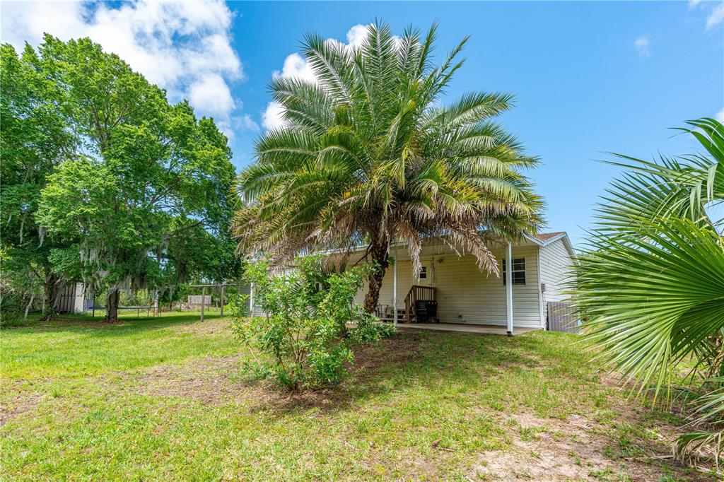 A palm tree stands in front of a white house with a covered porch — 1055 ACEE DRIVE, NEW SMYRNA BEACH, FL