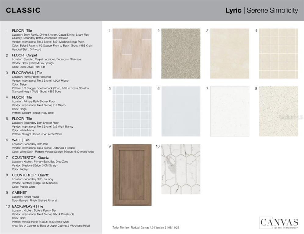 This image is a design selection board showing various flooring, countertop, cabinet, and tile samples — 825 STEEL DRIVE, APOLLO BEACH, FL