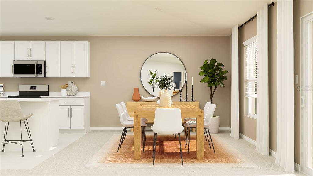 This is a rendering of a dining area adjacent to a kitchen with white cabinets — 2835 PIONEER TRAIL, EAGLE LAKE, FL