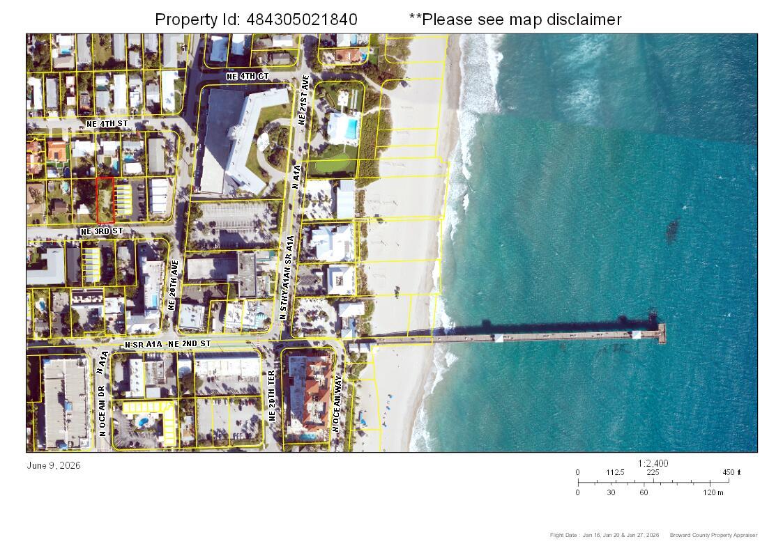 This is an aerial map showing a coastal area with a pier and property boundaries — 1979 NE 3rd Street # 4, Deerfield Beach FL 33441, DEERFIELD BEACH, FL