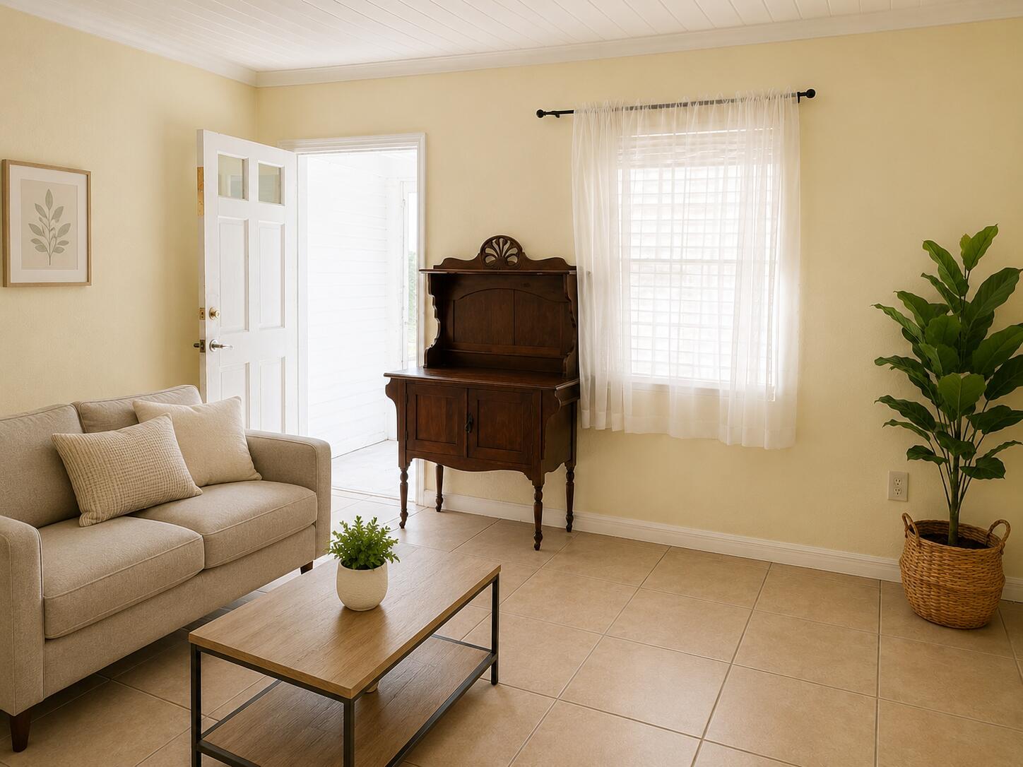 A living room with a beige sofa, wooden coffee table, antique hutch, and a potted plant — 105 Ave D Unit B, Fort Pierce FL 34950, FORT PIERCE, FL