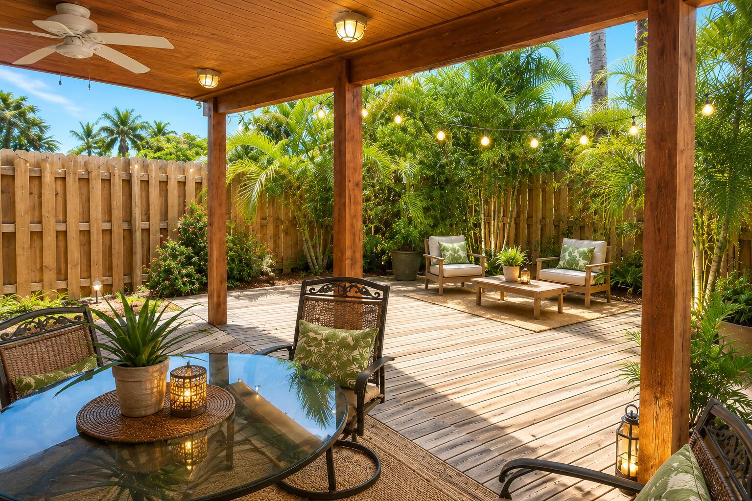 A wooden deck features a covered patio area with outdoor furniture, string lights, and landscaping — 105 Ave D Unit B, Fort Pierce FL 34950, FORT PIERCE, FL