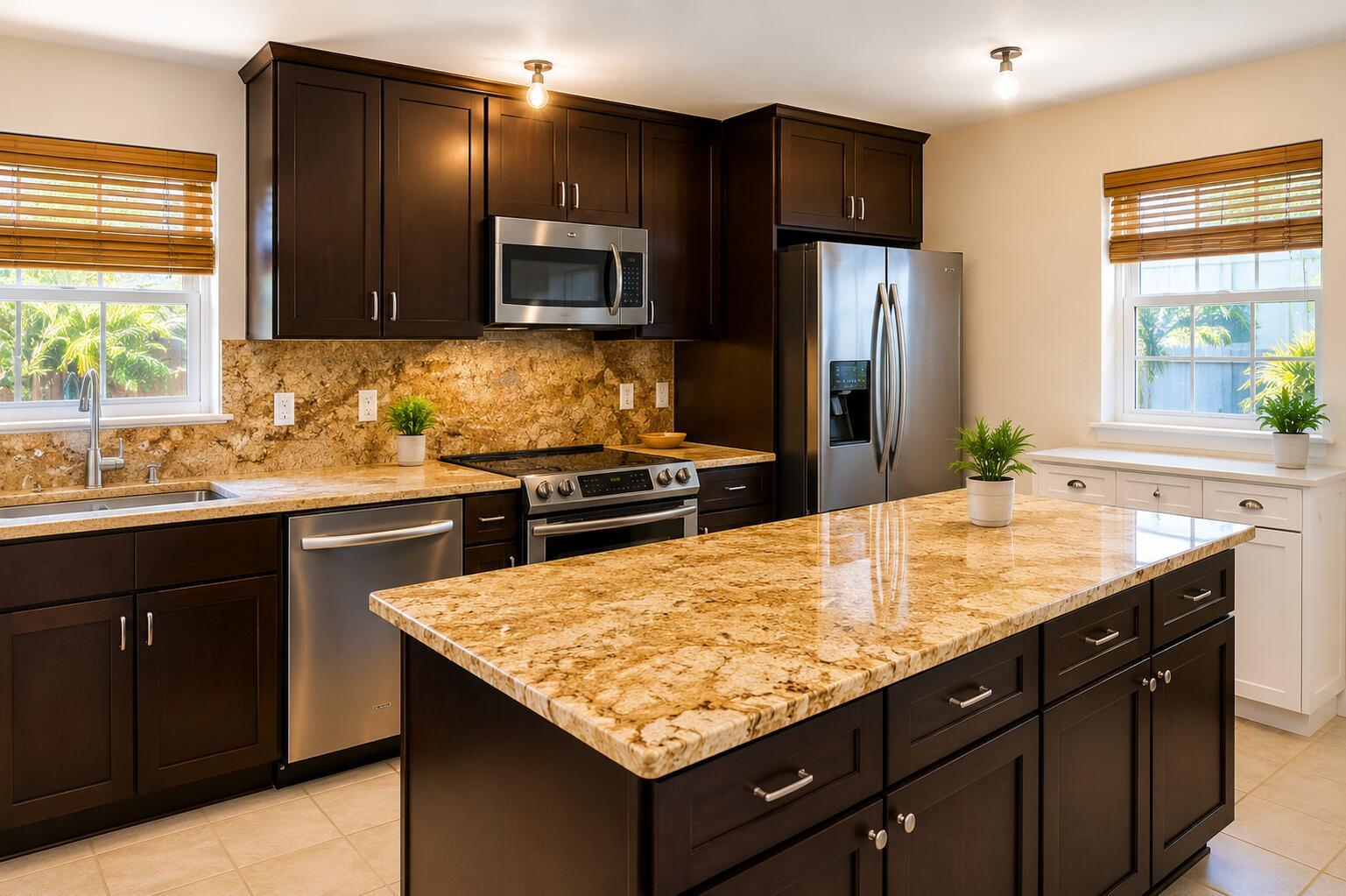 A kitchen features dark wood cabinets, granite countertops, stainless steel appliances, and an island — 105 Ave D Unit B, Fort Pierce FL 34950, FORT PIERCE, FL