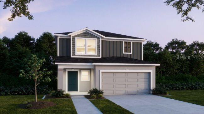 A digital rendering of a two-story suburban house with a gray garage and dark siding — 3828 BLUETHREAD WAY, POINCIANA, FL