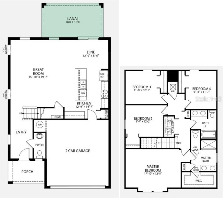 This floor plan shows a two-story home with a garage, four bedrooms, and a lanai — 3828 BLUETHREAD WAY, POINCIANA, FL