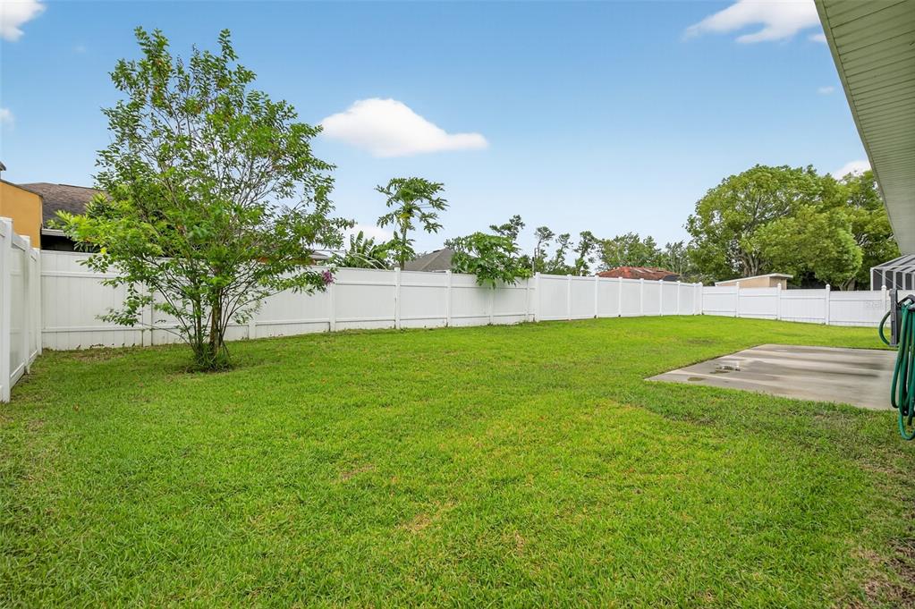 A grassy backyard features a white vinyl fence, a small tree, and a concrete patio — 46 FURNESS PLACE, PALM COAST, FL