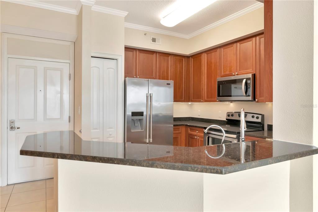 A kitchen with dark granite countertops, stainless steel appliances, and wood cabinetry — 4516 SEAGULL DRIVE UNIT 916, NEW PORT RICHEY, FL