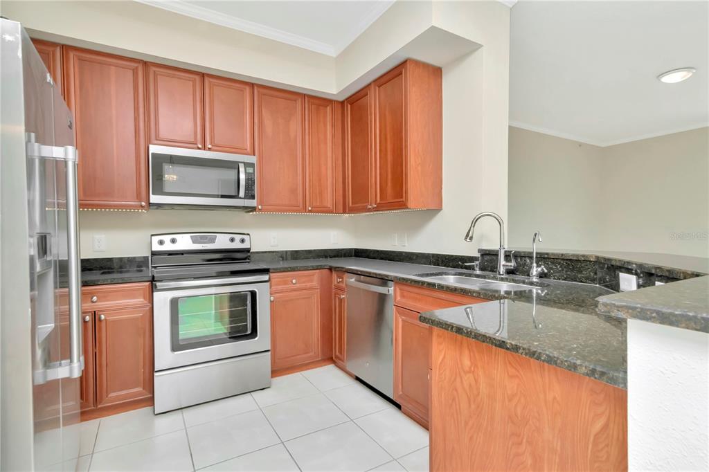 A kitchen features wood cabinets, stainless steel appliances, and dark granite countertops over tile flooring — 4516 SEAGULL DRIVE UNIT 916, NEW PORT RICHEY, FL