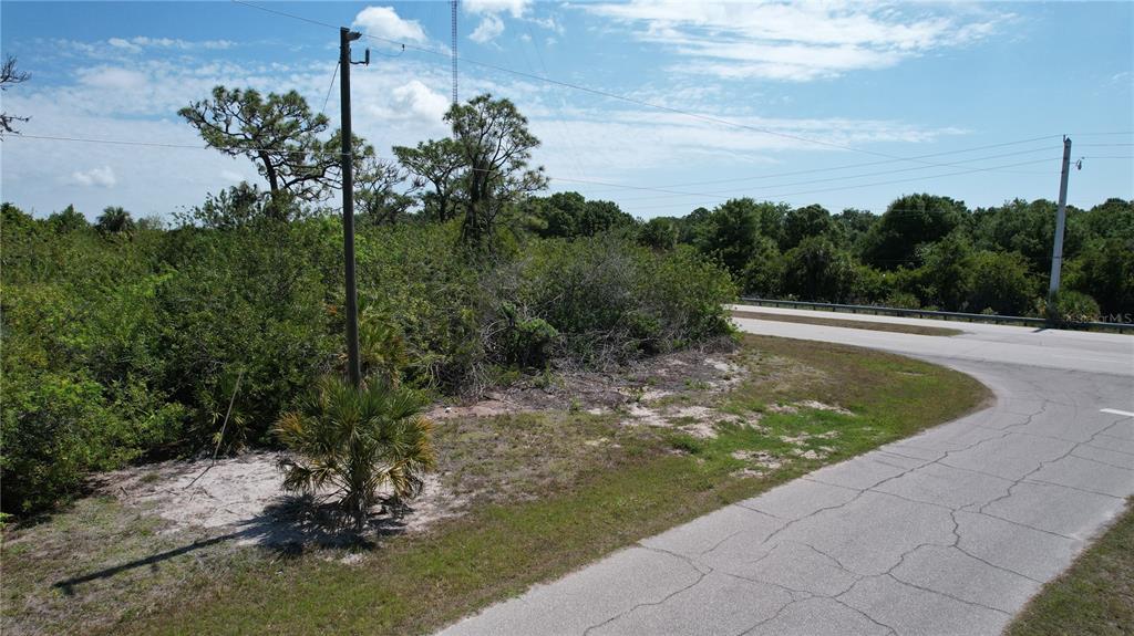 A paved road curves past a vacant, brush-covered lot with a utility pole — 142 LOMAS ROAD, ROTONDA WEST, FL