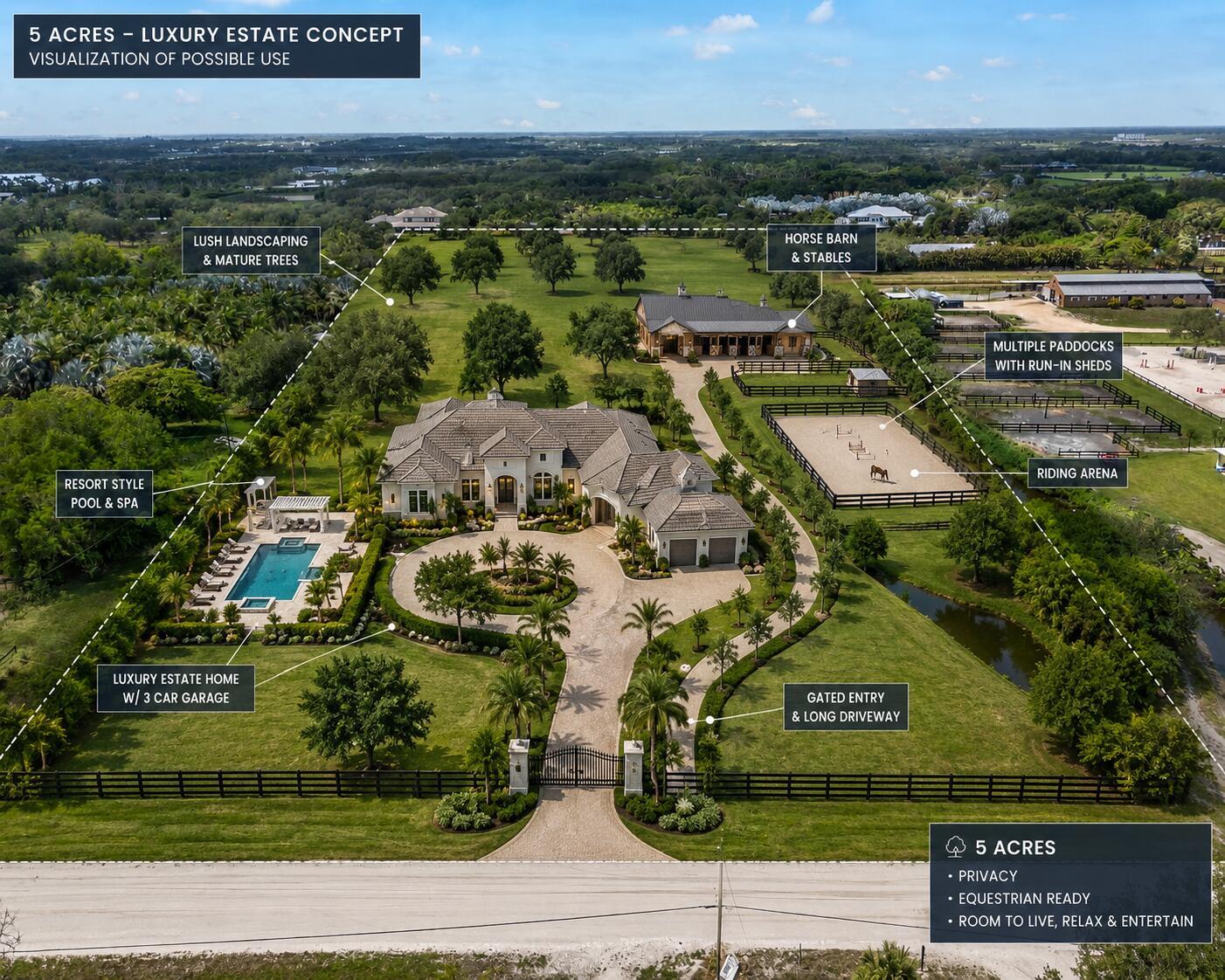 This rendering shows a luxury estate on five acres with a house, pool, and stables — 16526 Hollow Tree Lane, Wellington FL 33470, WELLINGTON, FL