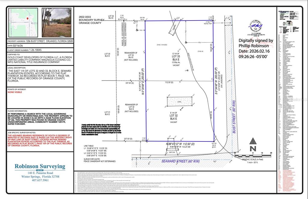 This is a boundary survey map of a vacant residential property lot — 1206 BUIST STREET, ORLANDO, FL