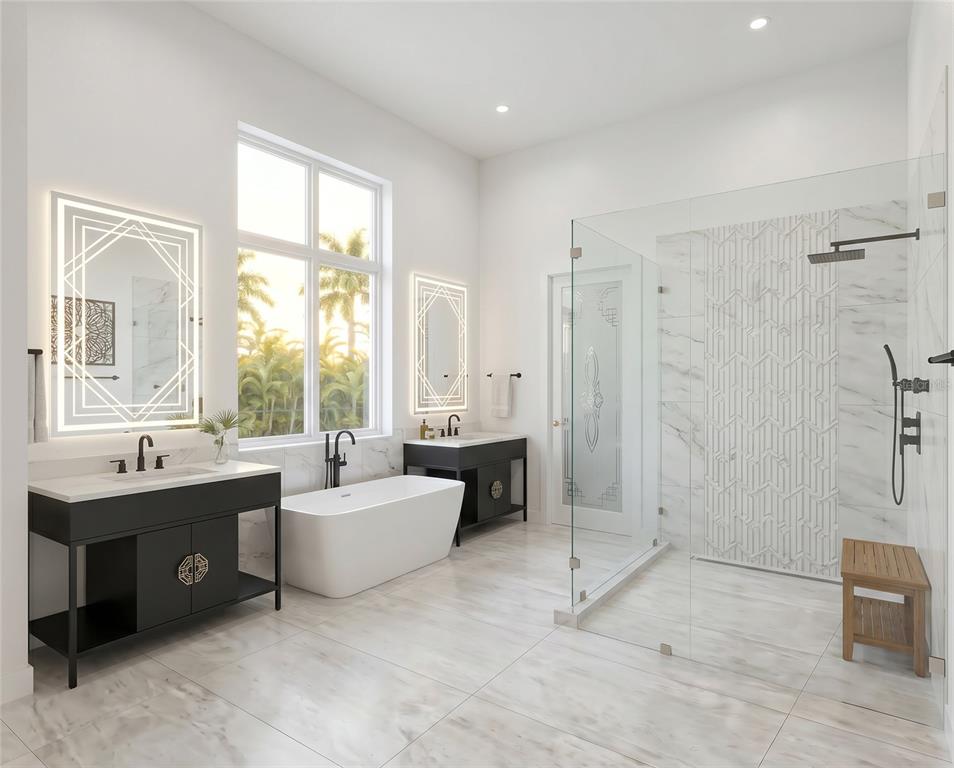 This rendering shows a modern bathroom with dual vanities, a soaking tub, and a glass shower — 1206 BUIST STREET, ORLANDO, FL
