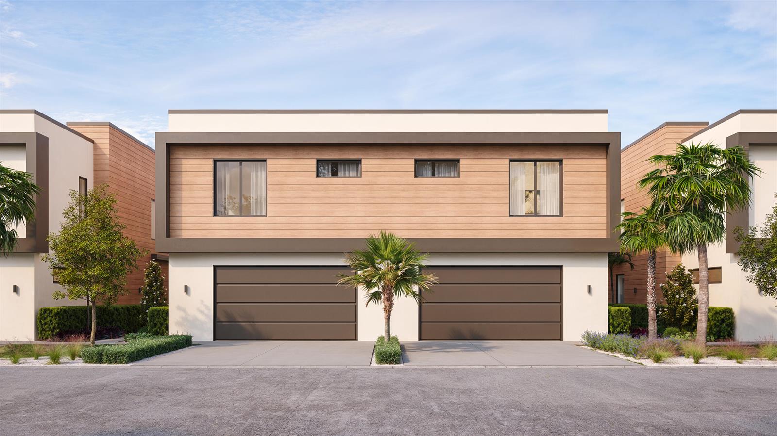 This architectural rendering shows the exterior of a modern two-story duplex with two garage doors — 6824 NE Briskel Pointe Drive, Boca Raton FL 33487, BOCA RATON, FL