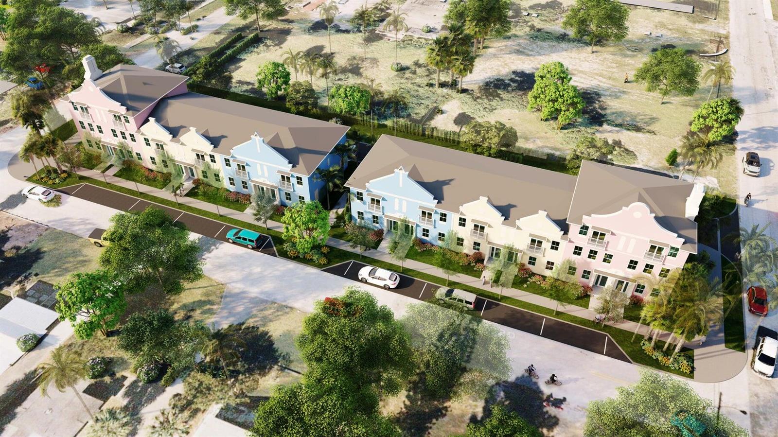 This is an aerial architectural rendering of two colorful, multi-story residential buildings with parking lots — 132 W 11th Street, Riviera Beach FL 33404, RIVIERA BEACH, FL