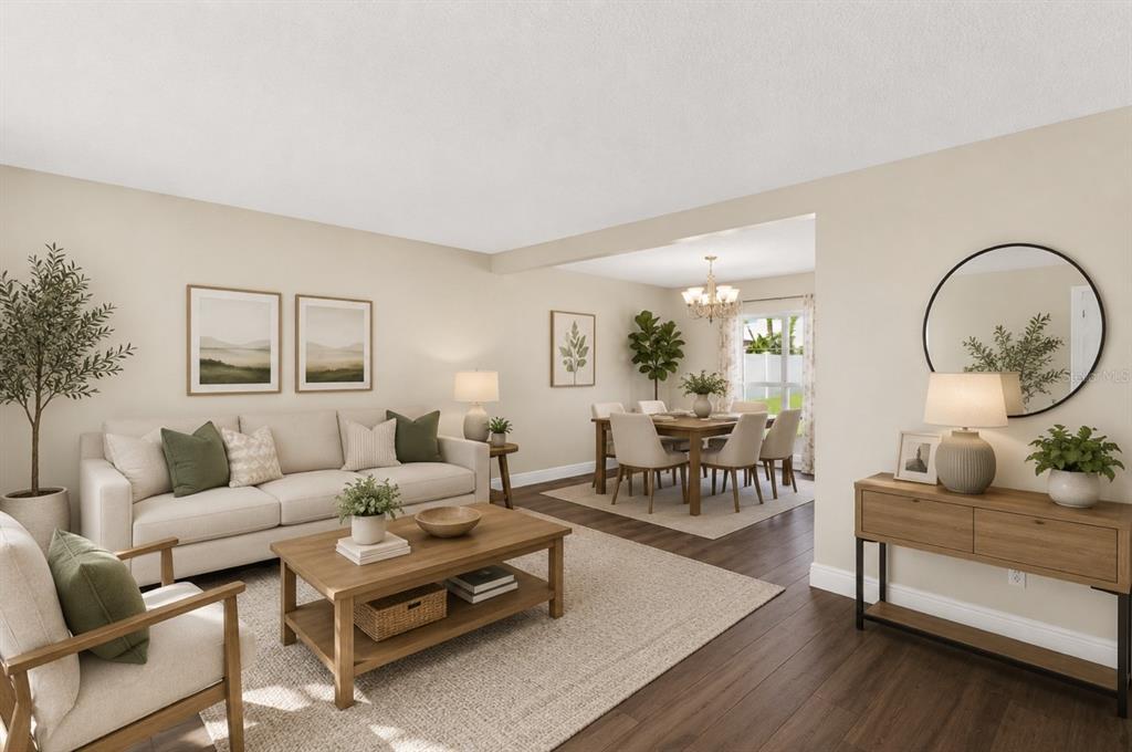 This is a digitally staged living and dining room with neutral walls and wood flooring — 10904 AUTUMN OAK PLACE, TAMPA, FL