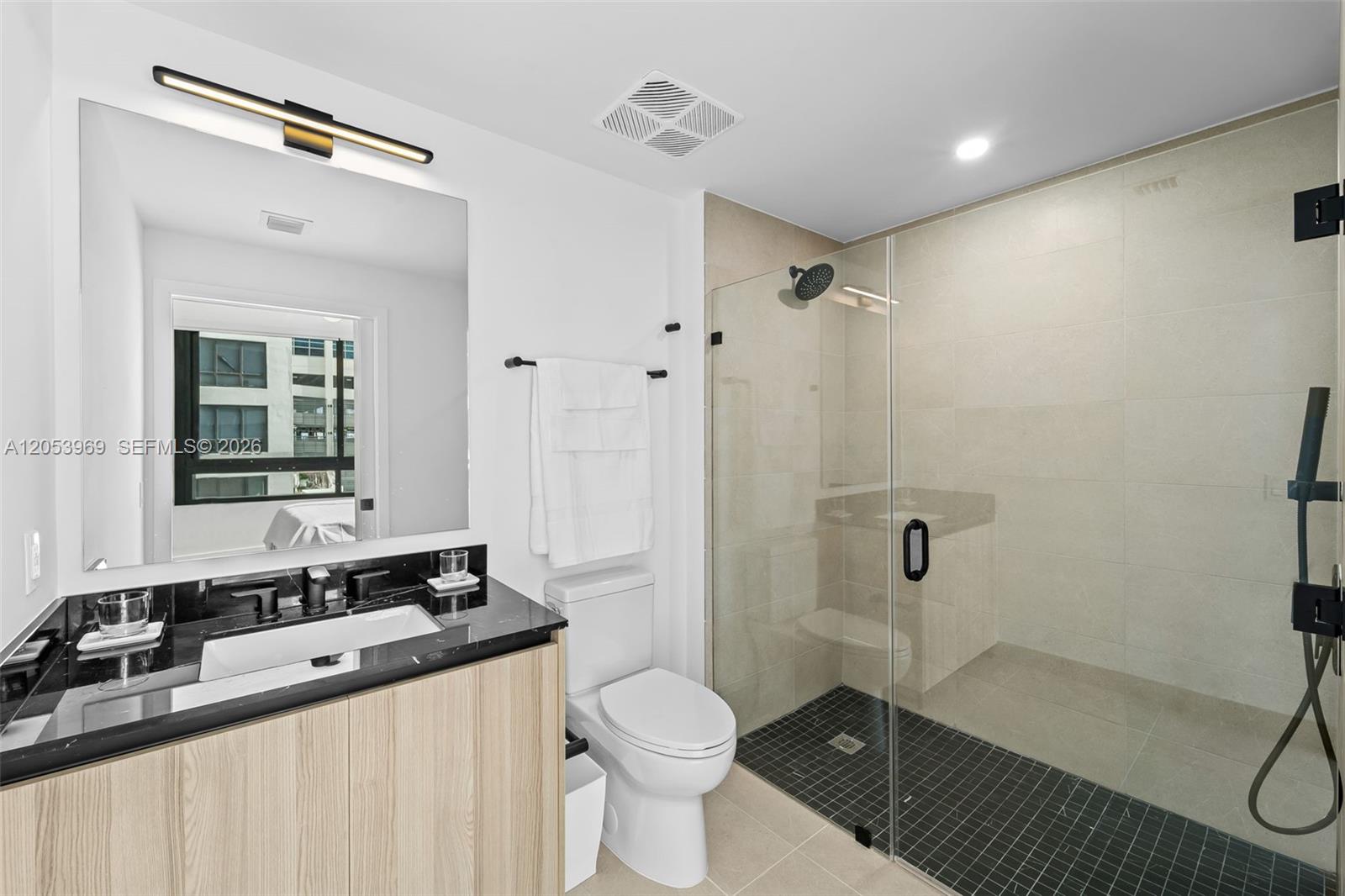 A modern bathroom features a black vanity, a glass-enclosed shower, and a white toilet — 225 N Miami Ave # 912, Miami FL 33128, MIAMI, FL