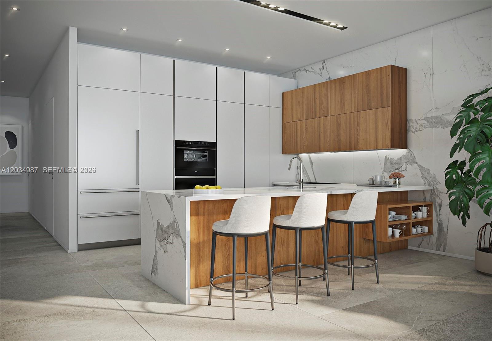 A rendering of a modern kitchen featuring white cabinetry, wood accents, and marble countertops — 1400 Biscayne Boulevard # 4001, Miami FL 33132, MIAMI, FL