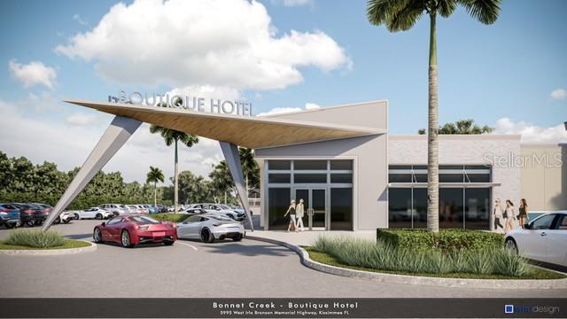 A digital rendering of a modern boutique hotel entrance with a large, angular canopy — 5995 W IRLO BRONSON MEMORIAL HIGHWAY, KISSIMMEE, FL