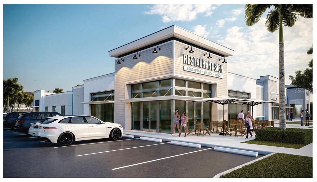This architectural rendering shows the exterior of a modern restaurant building with outdoor patio seating — 5995 W IRLO BRONSON MEMORIAL HIGHWAY, KISSIMMEE, FL